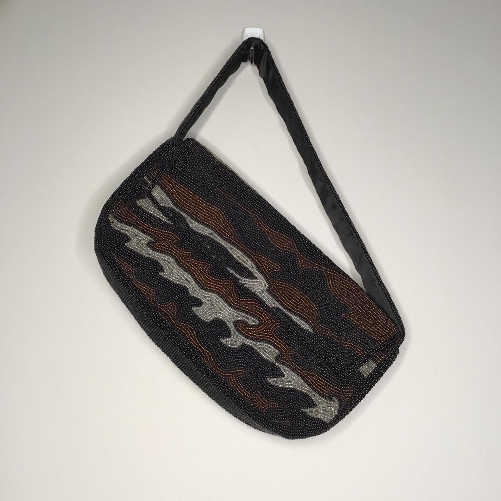 Vintage Beaded Baguette Bag Black Copper Silver Abstract Seed Bead Evening Purse